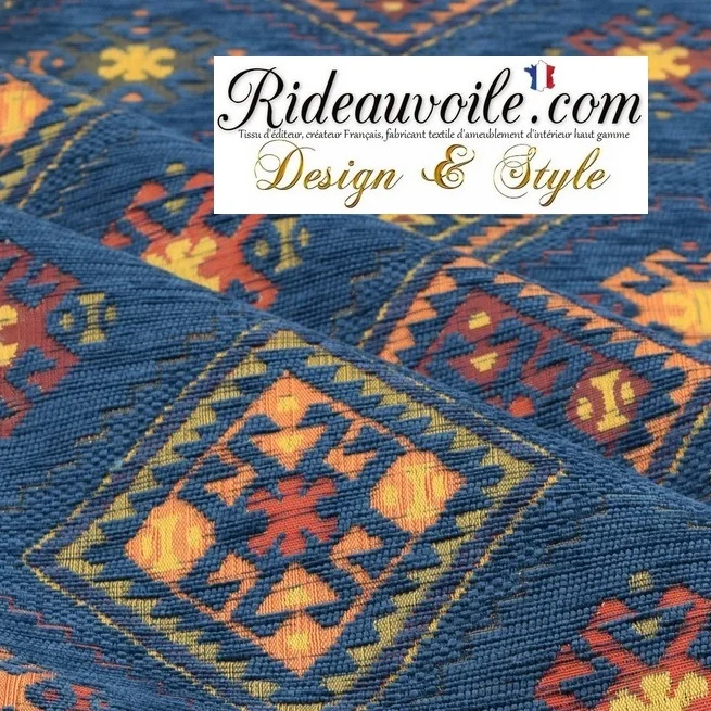 Tissu ameublement ethnique Kilim mexicain Boho Boho au mètre rideau bleu
