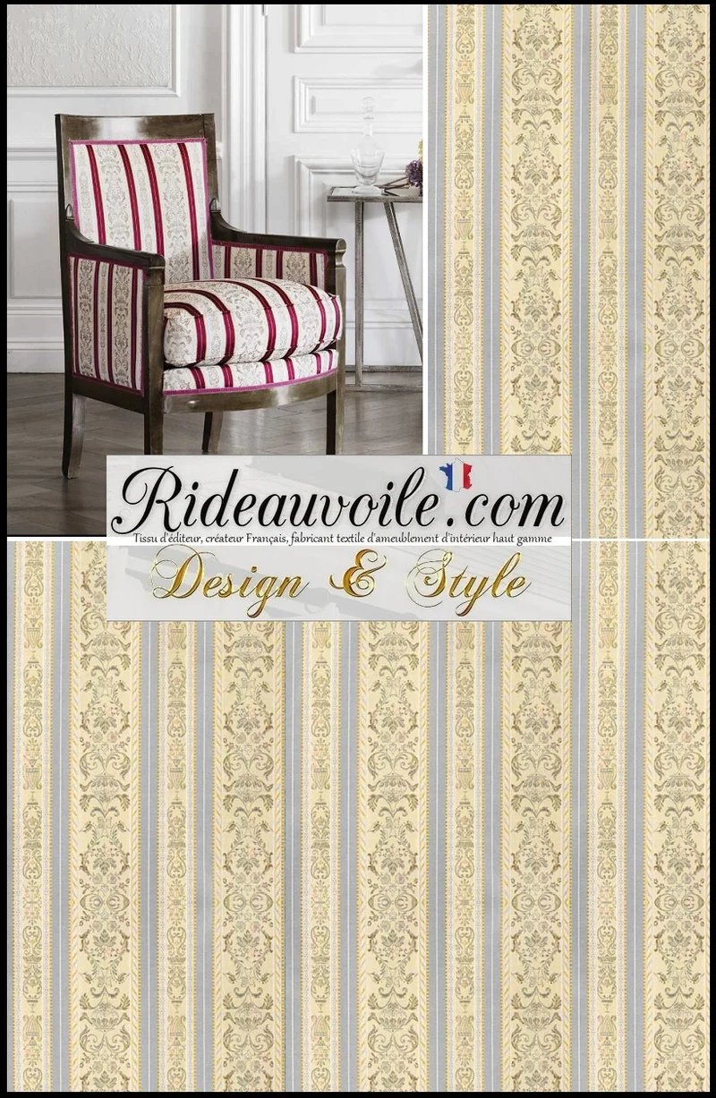 Tissu Directoire Décoratrice ameublement luxe Jacquard rayures lignes Bleu gris