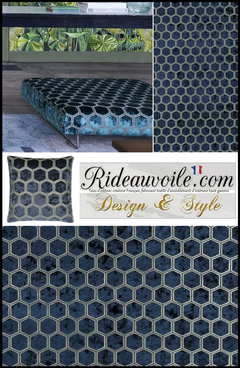 Tissu jacquard velours bleu broderie géométrique motif brodé au mètre rideau