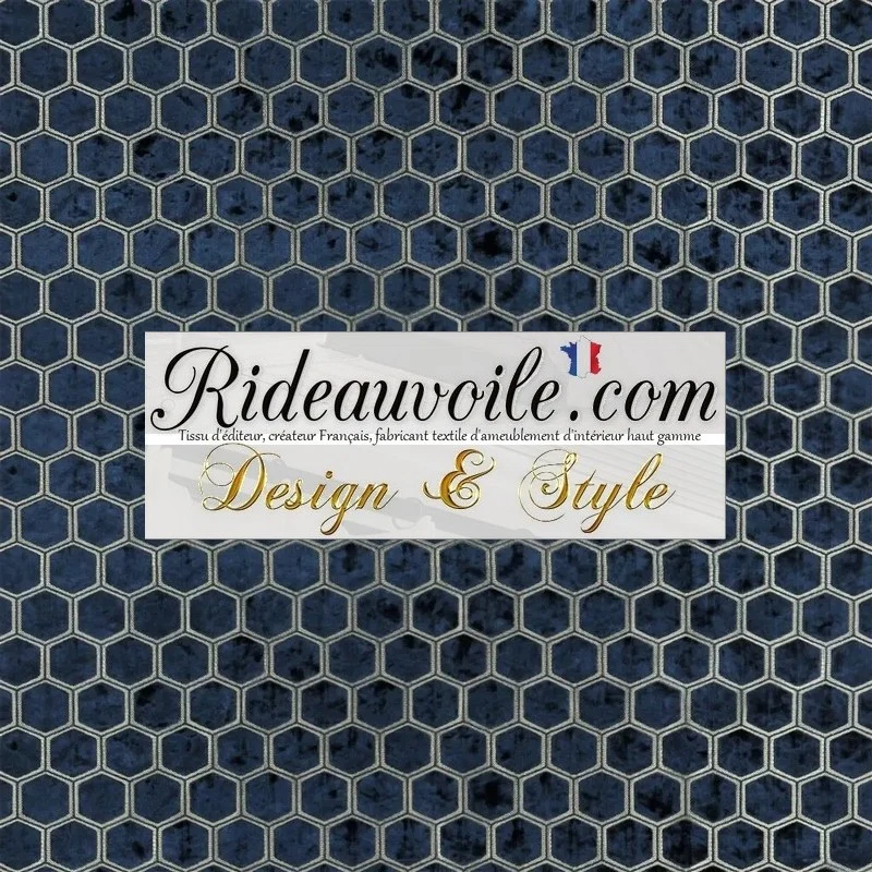 Tissu jacquard velours bleu broderie géométrique motif brodé au mètre rideau
