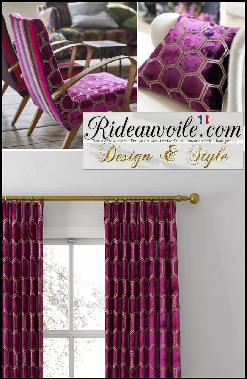 Tissu jacquard ameublement velours fuchsia brodé géométrique motif au mètre rideau