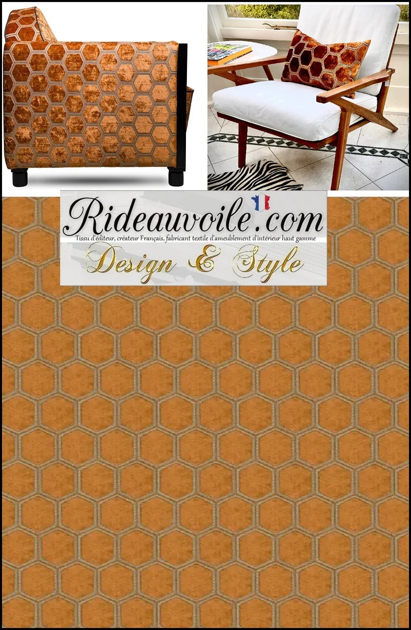Tissu jacquard ameublement velours orange brodé géométrique motif mètre rideau