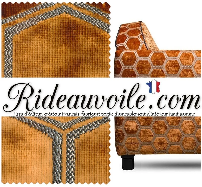 Tissu jacquard ameublement velours orange brodé géométrique motif mètre rideau