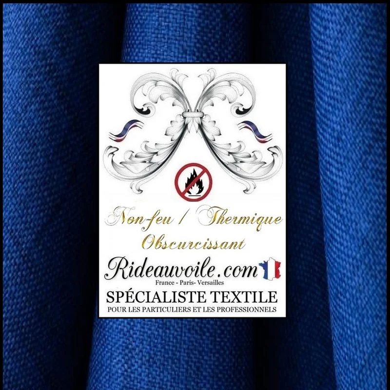 Tissu Jacquard toile Jute BLEU occultant isolant thermique non-feu mètre rideau