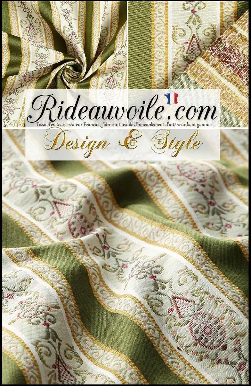 Tissu éditeur ameublement haut gamme mètre écru VERT Jacquard rayures satiné rideau