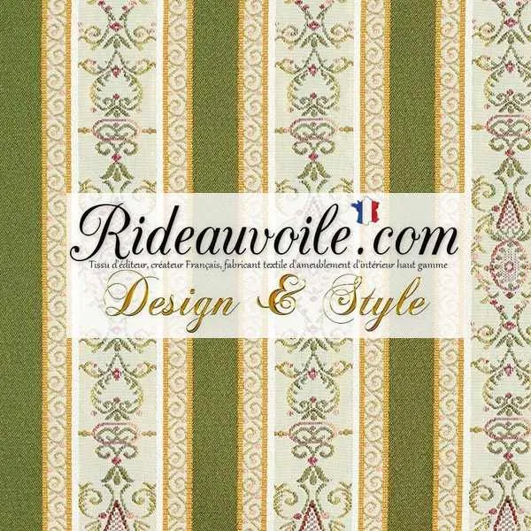 Tissu éditeur ameublement haut gamme mètre écru VERT Jacquard rayures satiné rideau