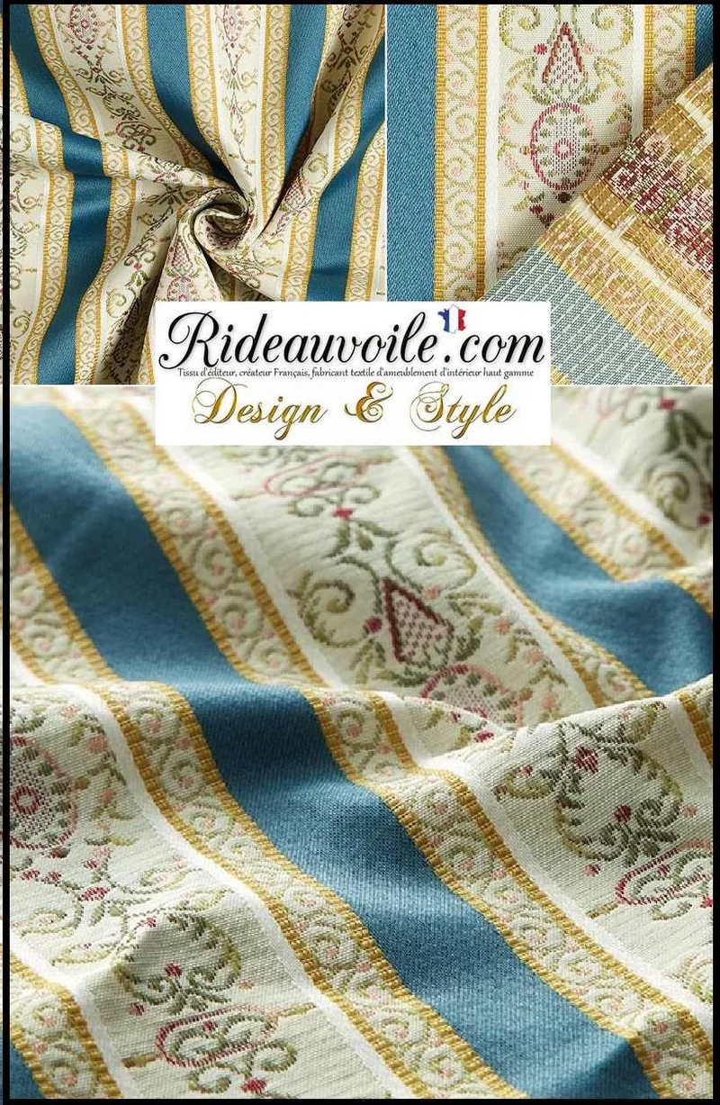 Jacquard rayures satin tissu d'ameublement au mètre ligne écru bleu architecte rideau