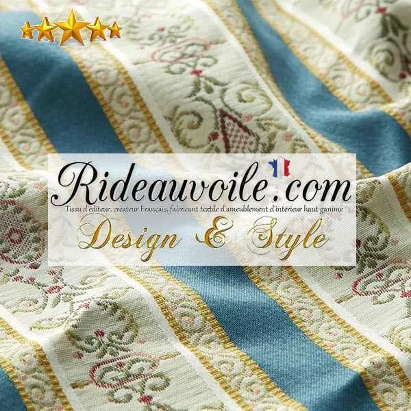 Jacquard rayures satin tissu d'ameublement au mètre ligne écru bleu architecte rideau