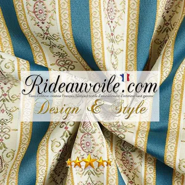 Jacquard rayures satin tissu d'ameublement au mètre ligne écru bleu architecte rideau
