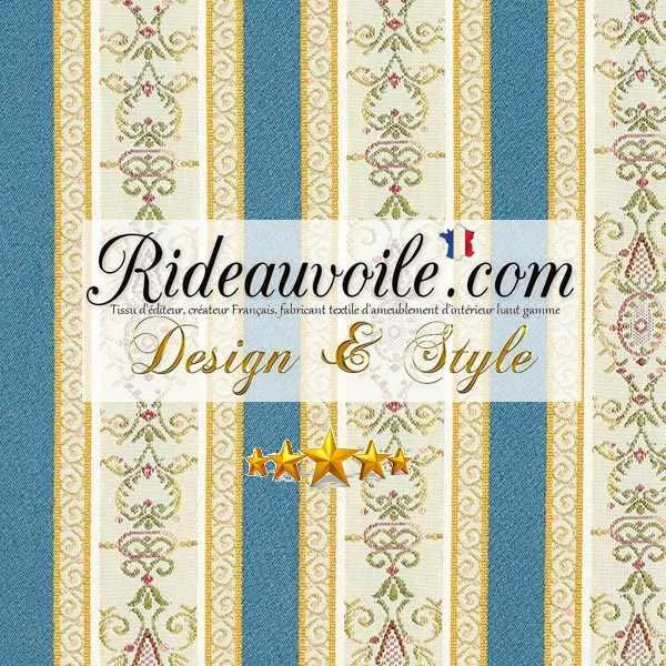 Jacquard rayures satin tissu d'ameublement au mètre ligne écru bleu architecte rideau