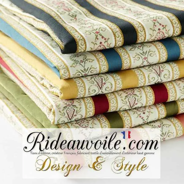 Jacquard rayures satin tissu d'ameublement au mètre ligne écru bleu architecte rideau