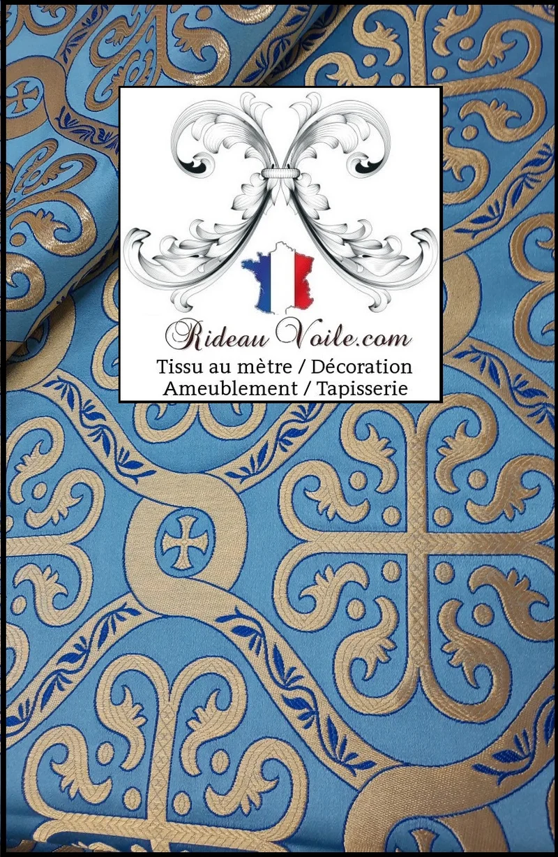 Tissu ameublement bleu Or Médiéval Brocart Baroque motif celtique rideau
