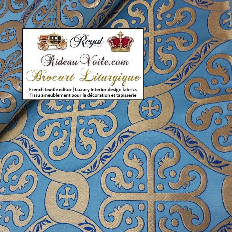 Tissu ameublement bleu Or Médiéval Brocart Baroque motif celtique rideau