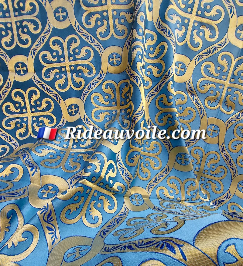Tissu ameublement bleu Or Médiéval Brocart Baroque motif celtique rideau