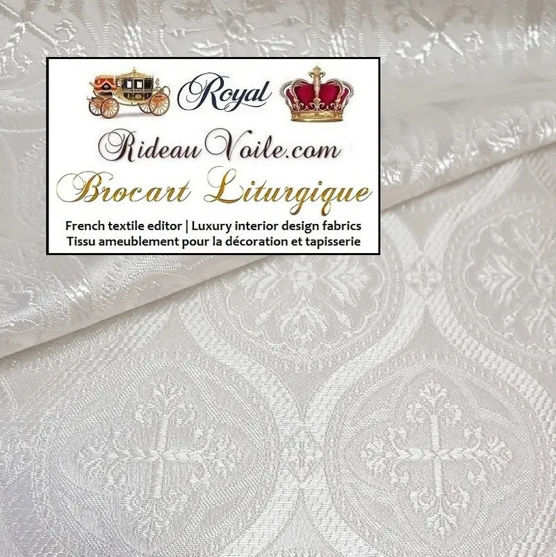 Tissu Médiéval Brocart blanc ornement religieux vêtement déco mètre Paroisse