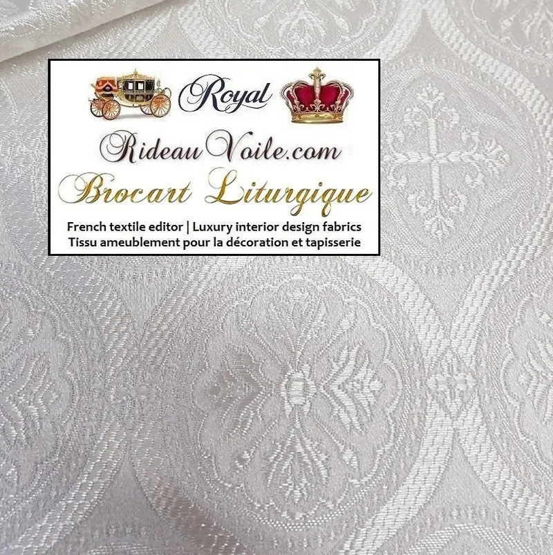 Tissu Médiéval Brocart blanc ornement religieux vêtement déco mètre Paroisse