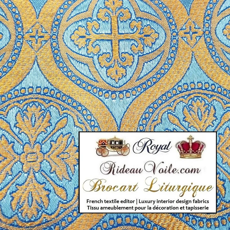 Brocart bleu turquoise Or Tissu Médiéval ornement religieux décoration mètre rideau