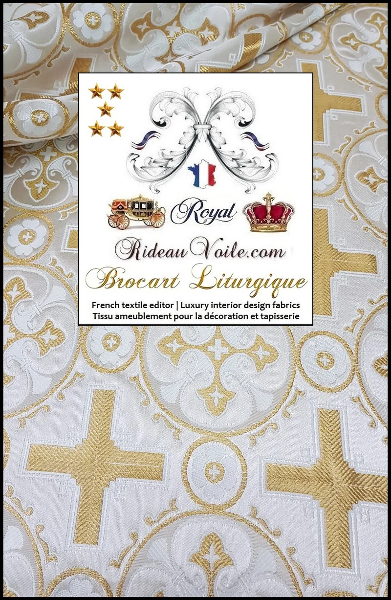 Brocart blanc Or Tissu Médiéval ornement religieux vêtement déco mètre rideau