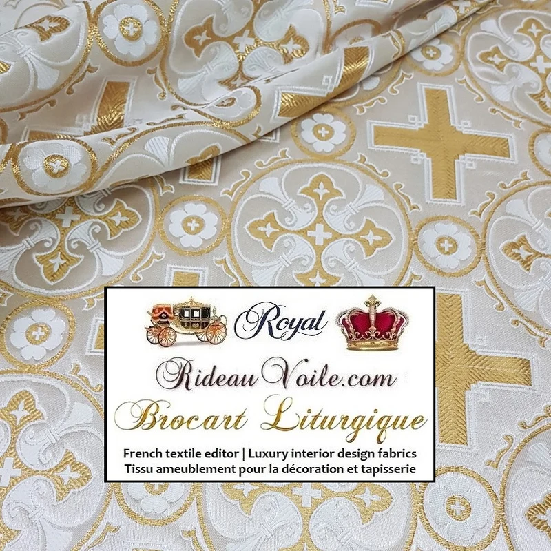 Brocart blanc Or Tissu Médiéval ornement religieux vêtement déco mètre rideau