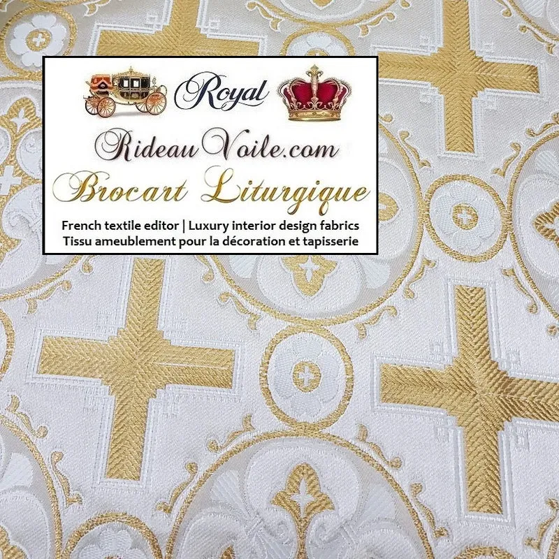 Brocart blanc Or Tissu Médiéval ornement religieux vêtement déco mètre rideau