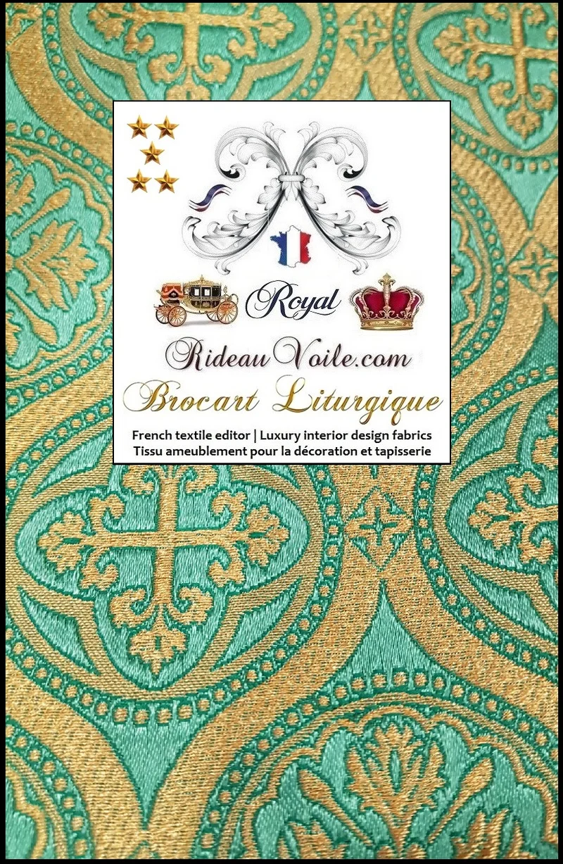 Brocart vert Or Tissu baroque ornement religieux vêtement déco mètre rideau