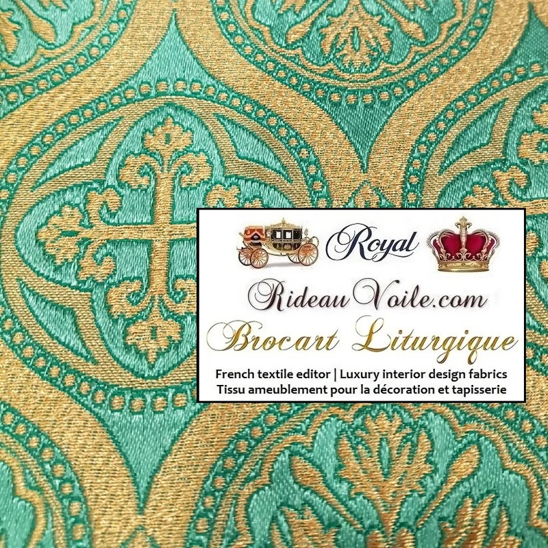 Brocart vert Or Tissu baroque ornement religieux vêtement déco mètre rideau