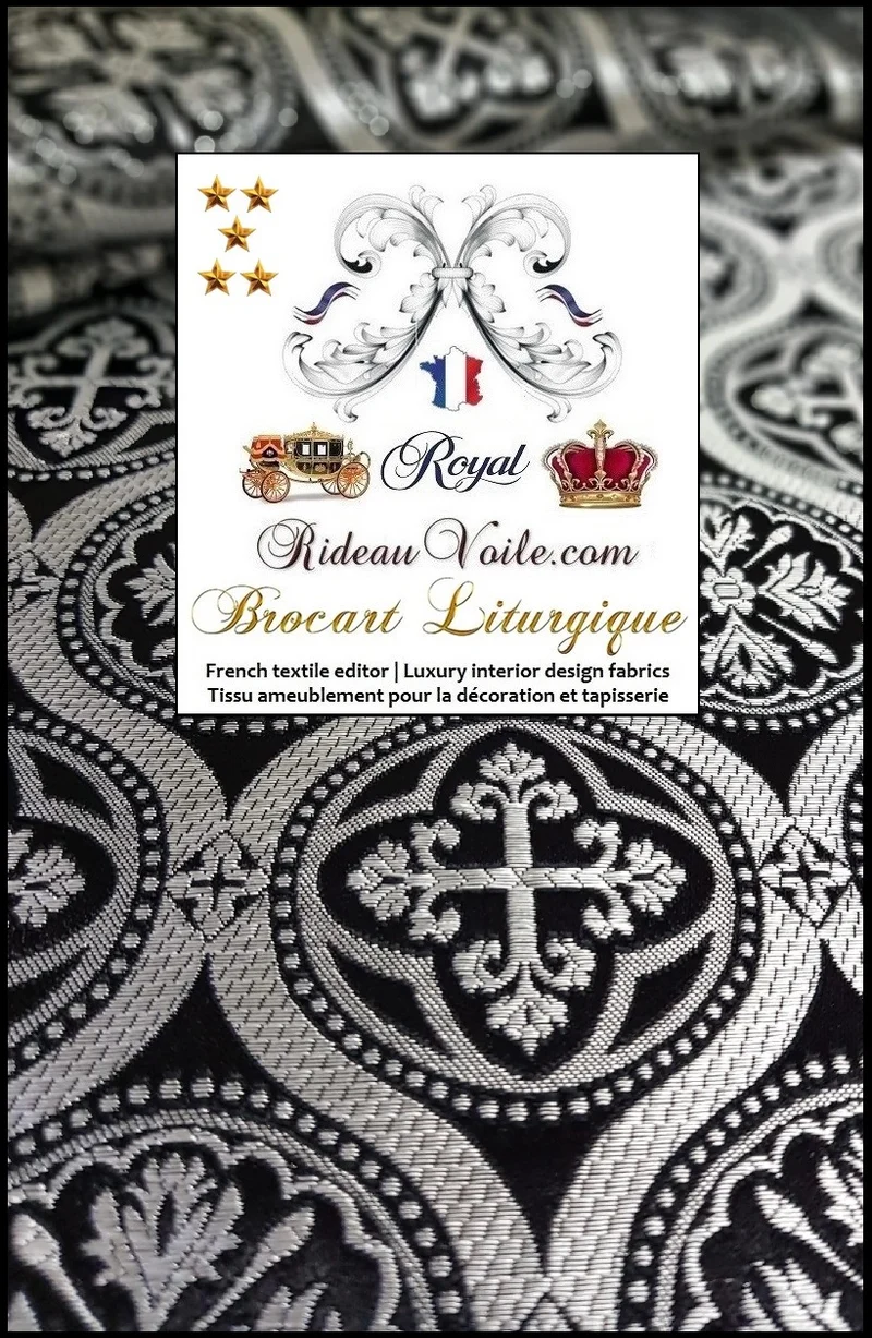 Brocart argent noir Tissu baroque ornement religieux ameublement au mètre rideau