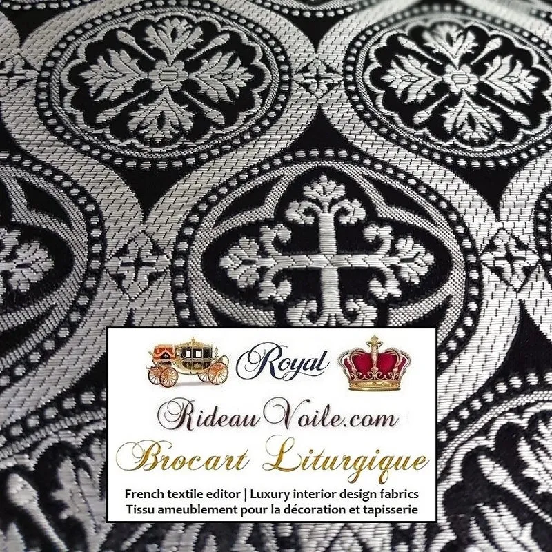Brocart argent noir Tissu baroque ornement religieux ameublement au mètre rideau