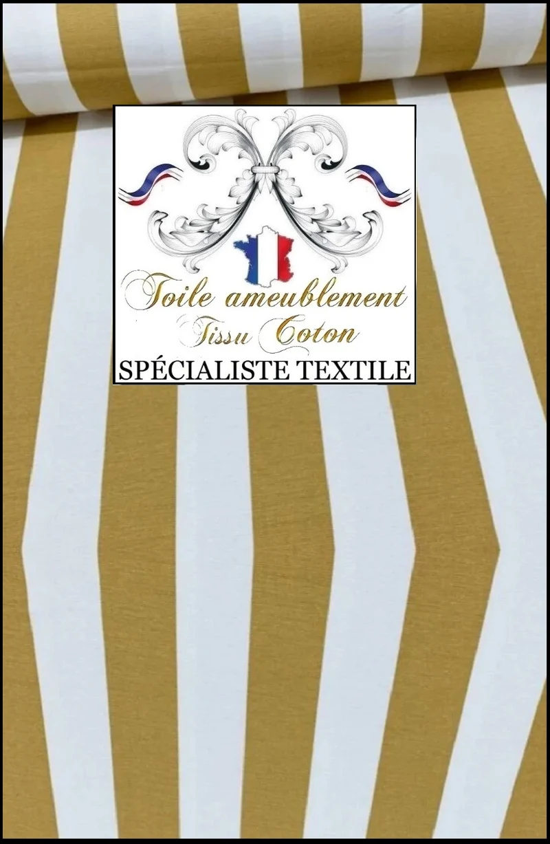 Tissu d’ameublement larges rayures jaune moutarde HYDROFUGE toile coton extérieur rideau