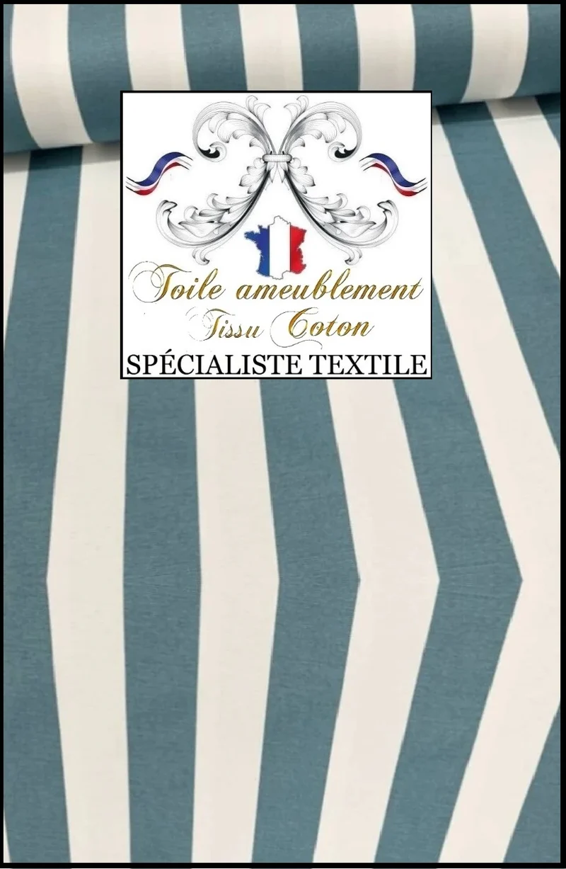 Tissu d’ameublement larges rayures bleu HYDROFUGE toile coton d'extérieur rideau