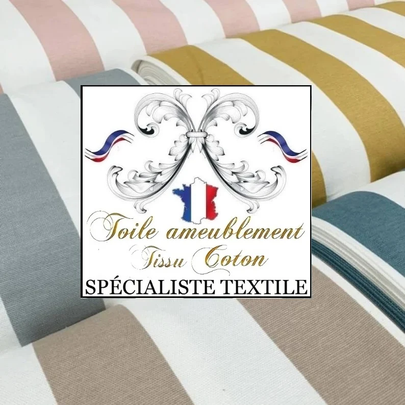 Tissu d’ameublement larges rayures bleu HYDROFUGE toile coton d'extérieur rideau