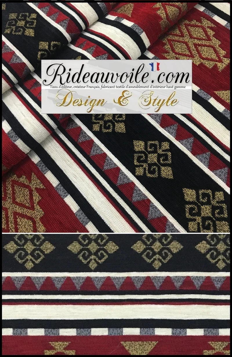 Tissu d’ameublement KILIM Boho Rouge Or Noir Boho Tribal Aztec Chenille Ottoman