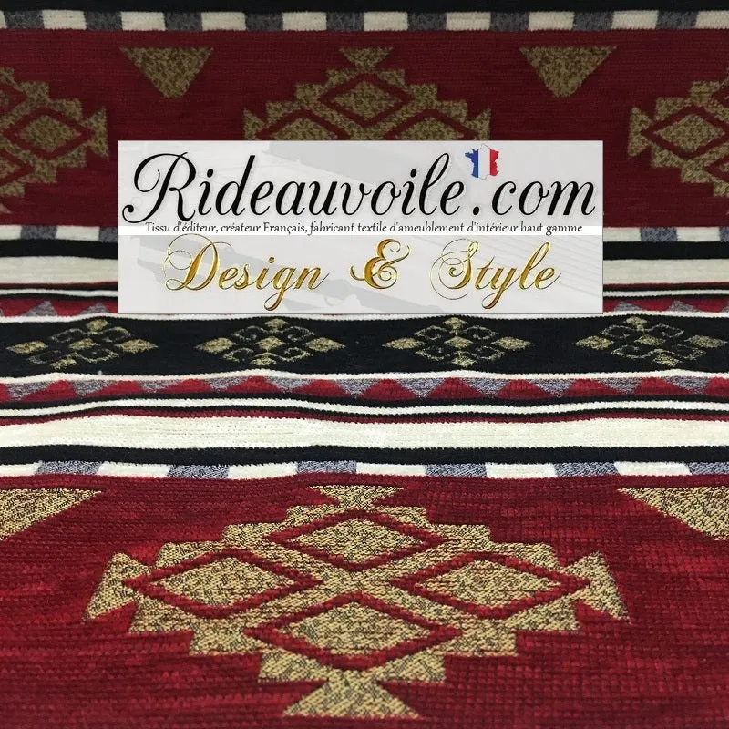 Tissu d’ameublement KILIM Boho Rouge Or Noir Boho Tribal Aztec Chenille Ottoman