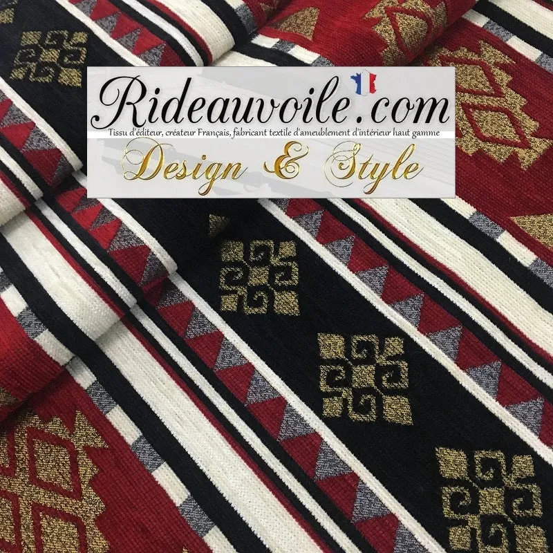 Tissu d’ameublement KILIM Boho Rouge Or Noir Boho Tribal Aztec Chenille Ottoman