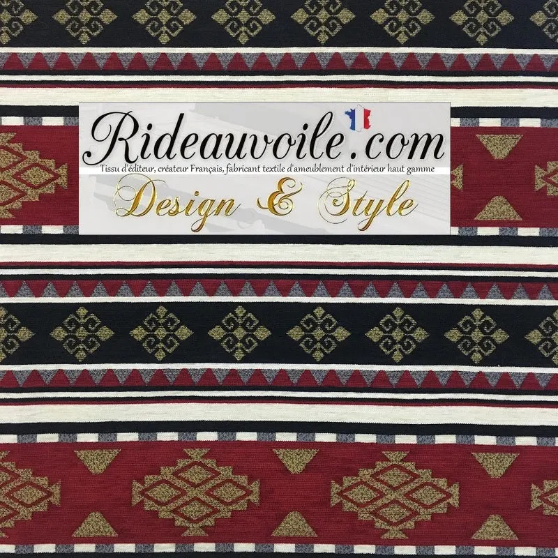 Tissu d’ameublement KILIM Boho Rouge Or Noir Boho Tribal Aztec Chenille Ottoman
