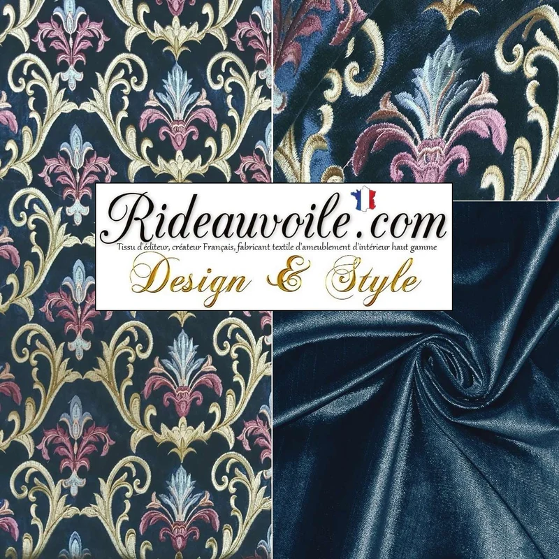 Jacquard bleu tissu d'ameublement éditeur haut gamme velours brodé art tapisserie