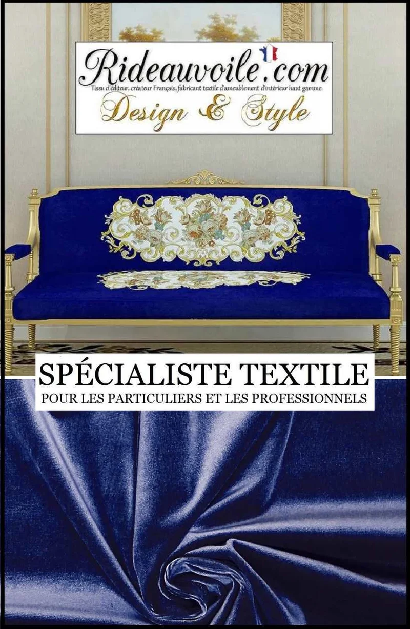 Tissu jacquard brodé ameublement Velours bleu Broderie fleurs motif floral