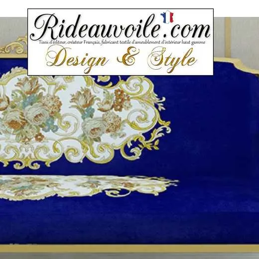 Tissu jacquard brodé ameublement Velours bleu Broderie fleurs motif floral