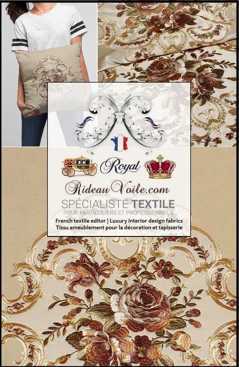 Velours tissu ameublement style Baroque beige marron broderie Aubusson mètre