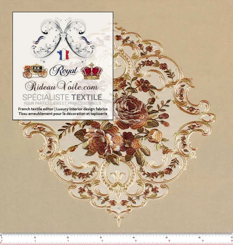 Velours tissu ameublement style Baroque beige marron broderie Aubusson mètre
