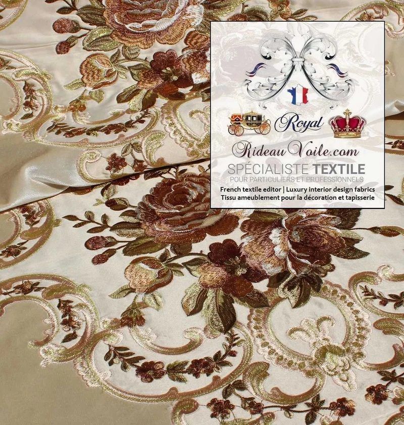 Velours tissu ameublement style Baroque beige marron broderie Aubusson mètre