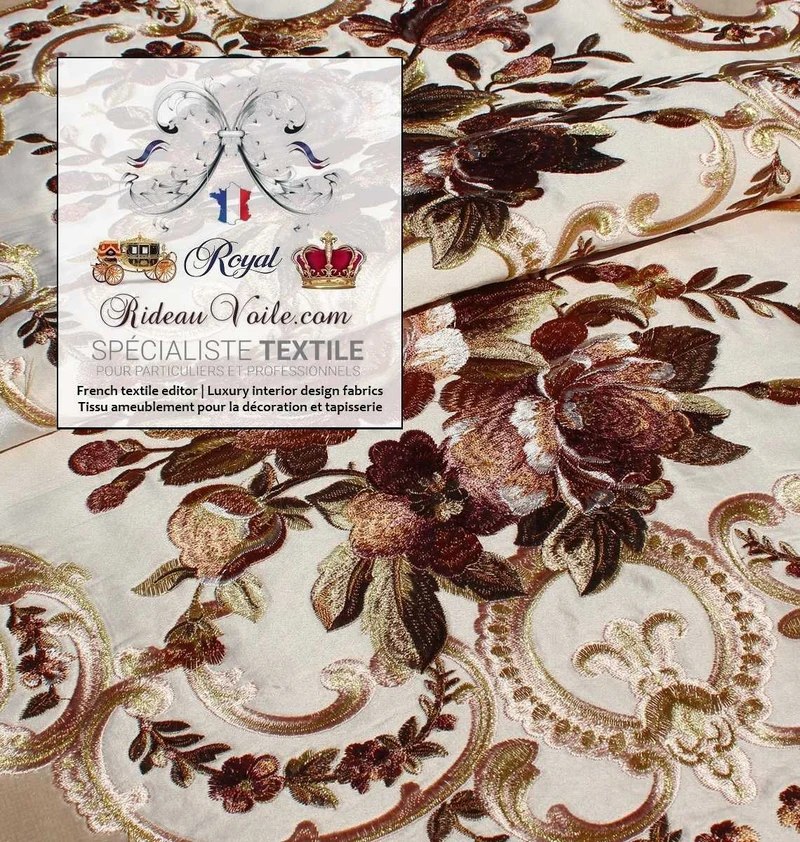 Velours tissu ameublement style Baroque beige marron broderie Aubusson mètre