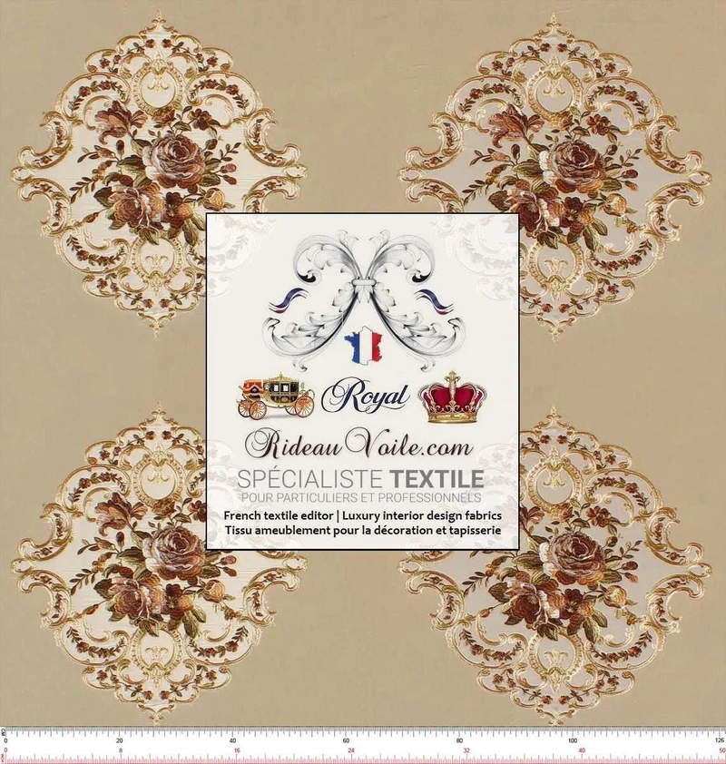 Velours tissu ameublement style Baroque beige marron broderie Aubusson mètre