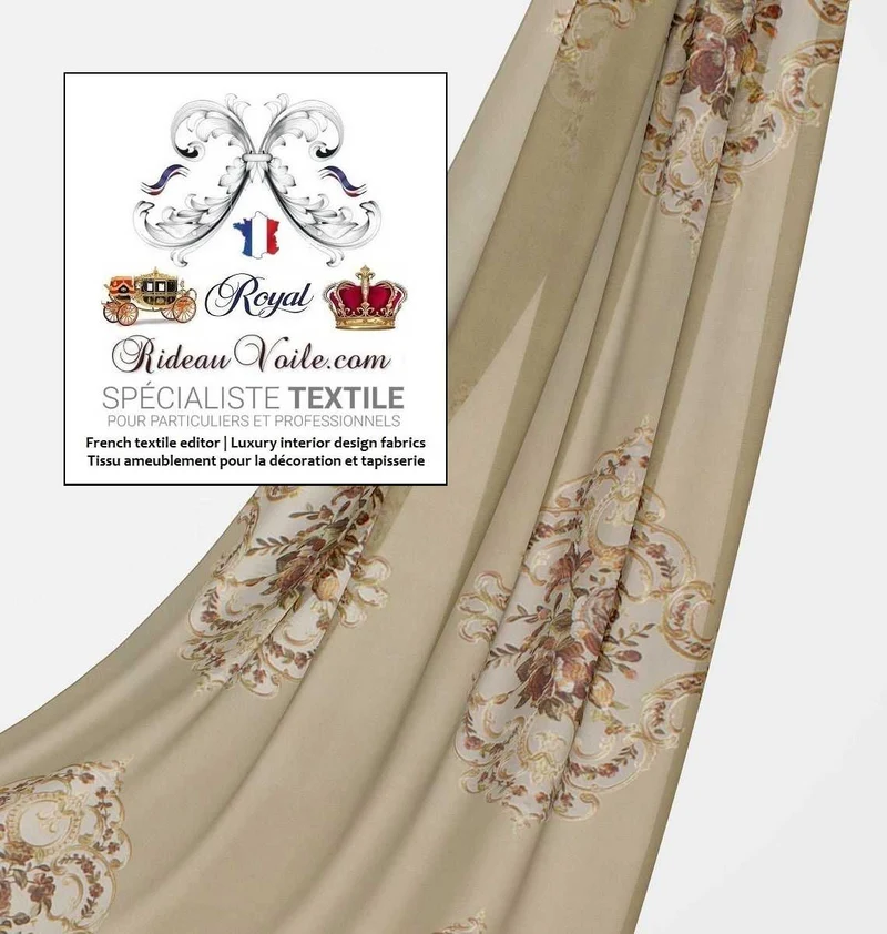 Velours tissu ameublement style Baroque beige marron broderie Aubusson mètre