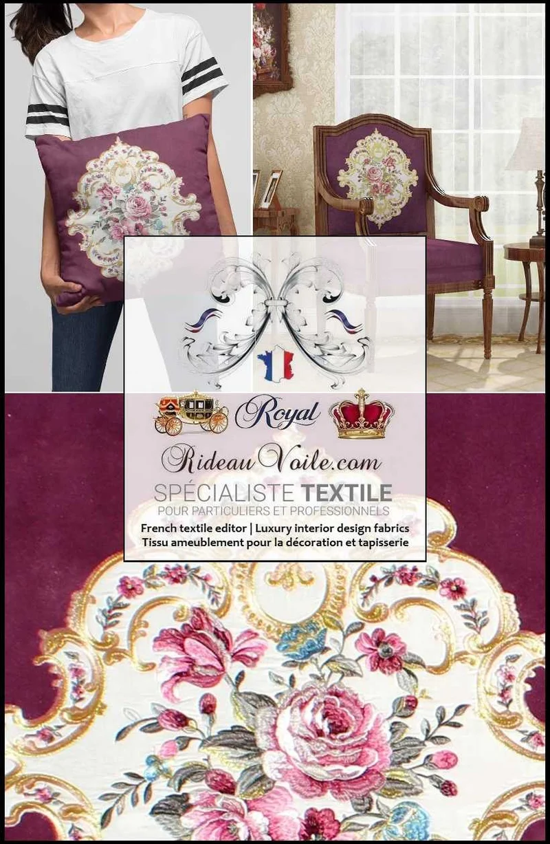 Velours ameublement Baroque violet fuchsia broderie au mètre confection rideau