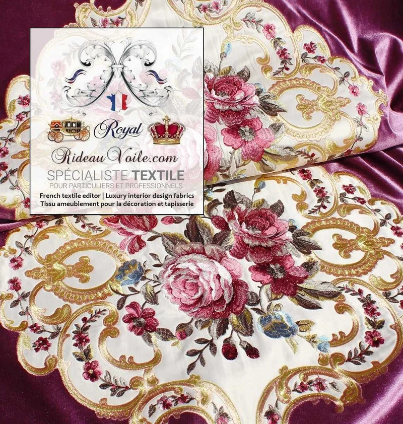 Velours ameublement Baroque violet fuchsia broderie au mètre confection rideau