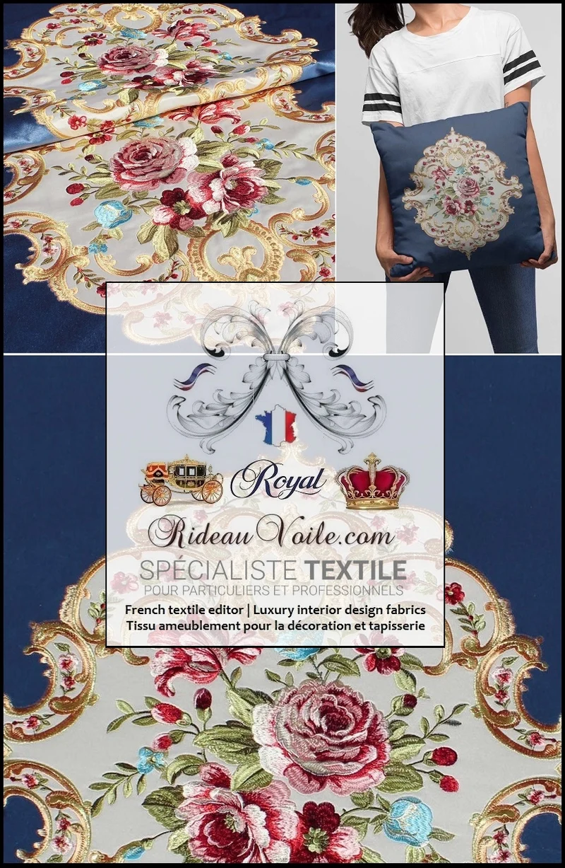 Tissu ameublement d'éditeur velours bleu broderie au mètre confection rideau