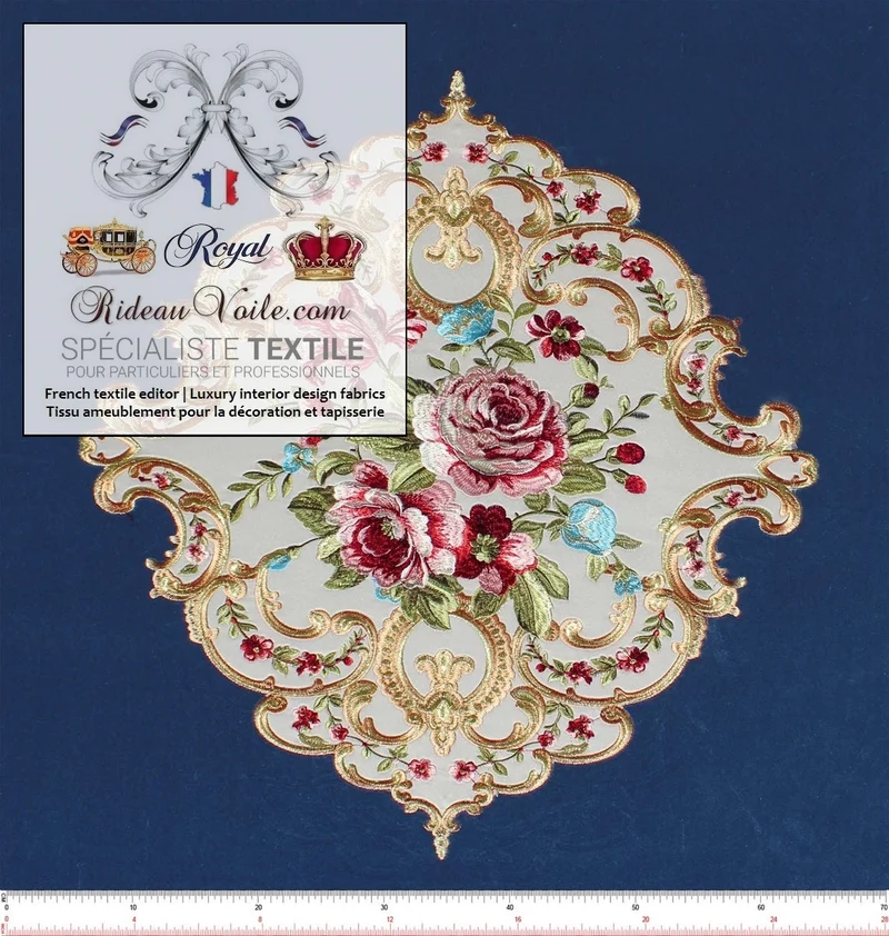 Tissu ameublement d'éditeur velours bleu broderie au mètre confection rideau