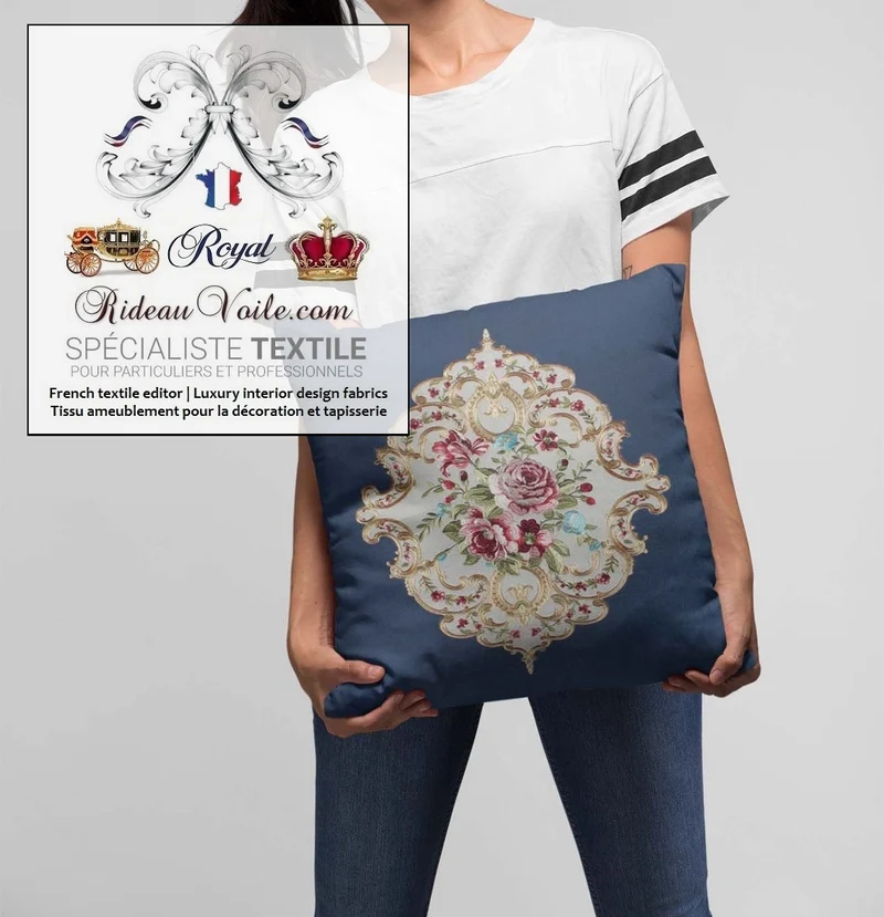 Tissu ameublement d'éditeur velours bleu broderie au mètre confection rideau
