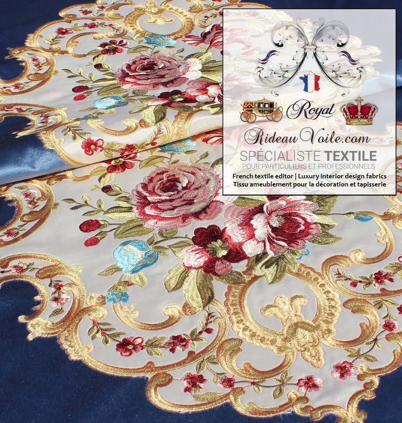 Tissu ameublement d'éditeur velours bleu broderie au mètre confection rideau